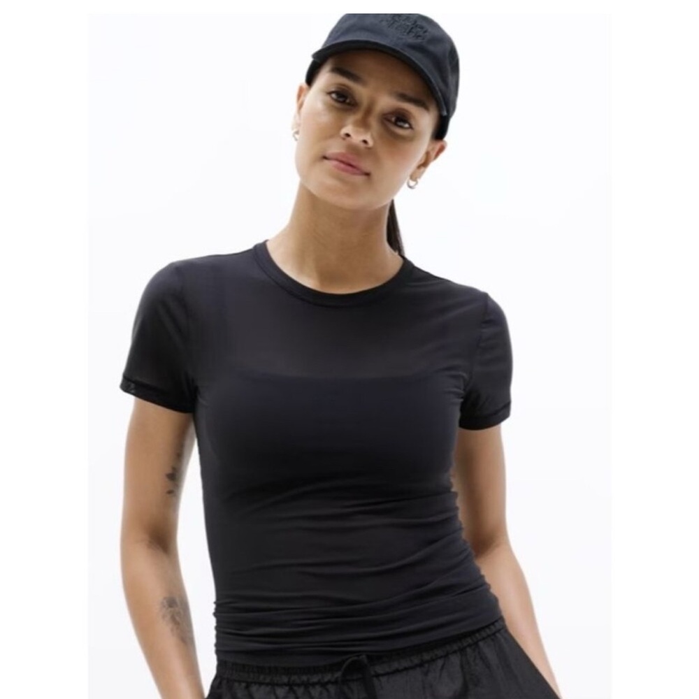 Athleta Black Short Sleeve Tee Mesh Semi Sheer NEW W/Tag - Picture 3 of 8